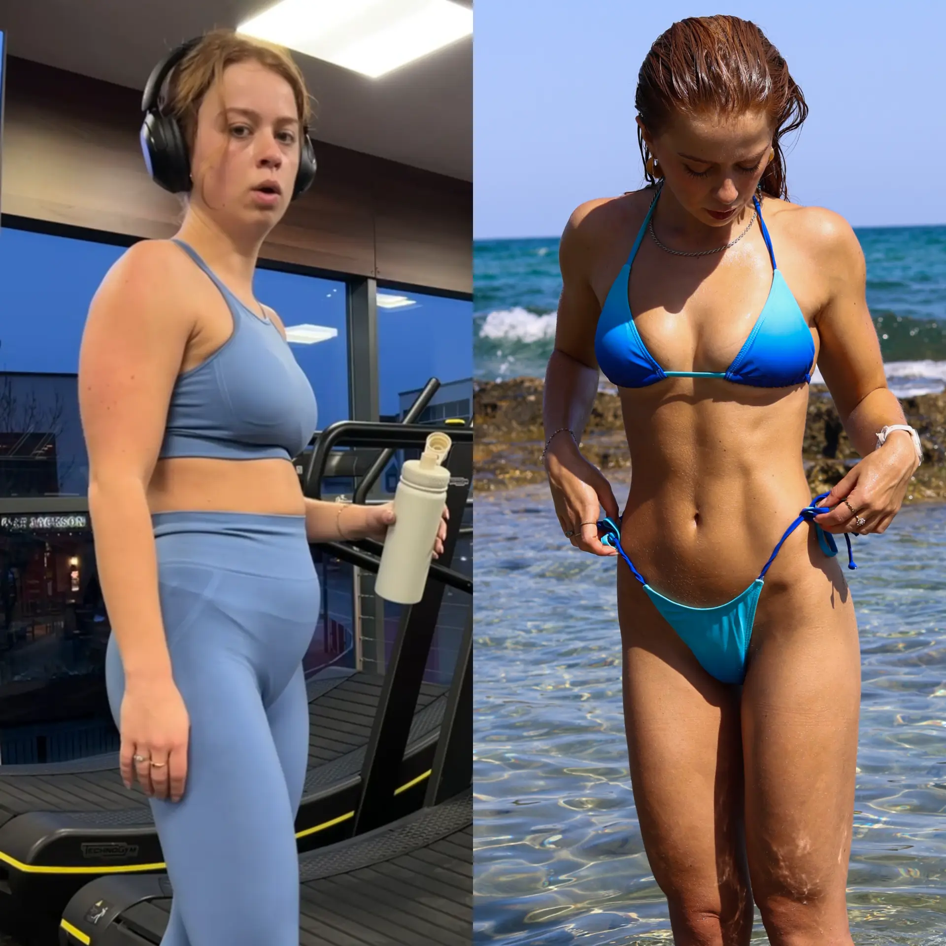 Same woman before and after: at the gym, then lean and confident by the ocean